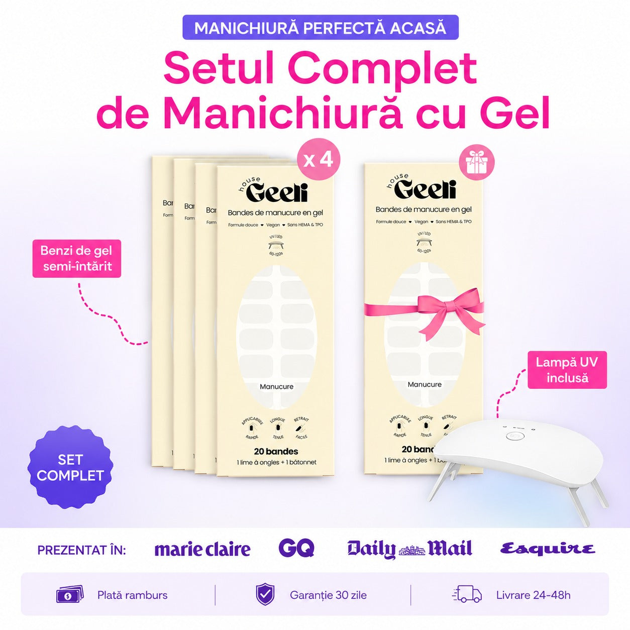 Geeli Nails  Set Complet Benzi Gel Semi-ntarit + Lampa UV