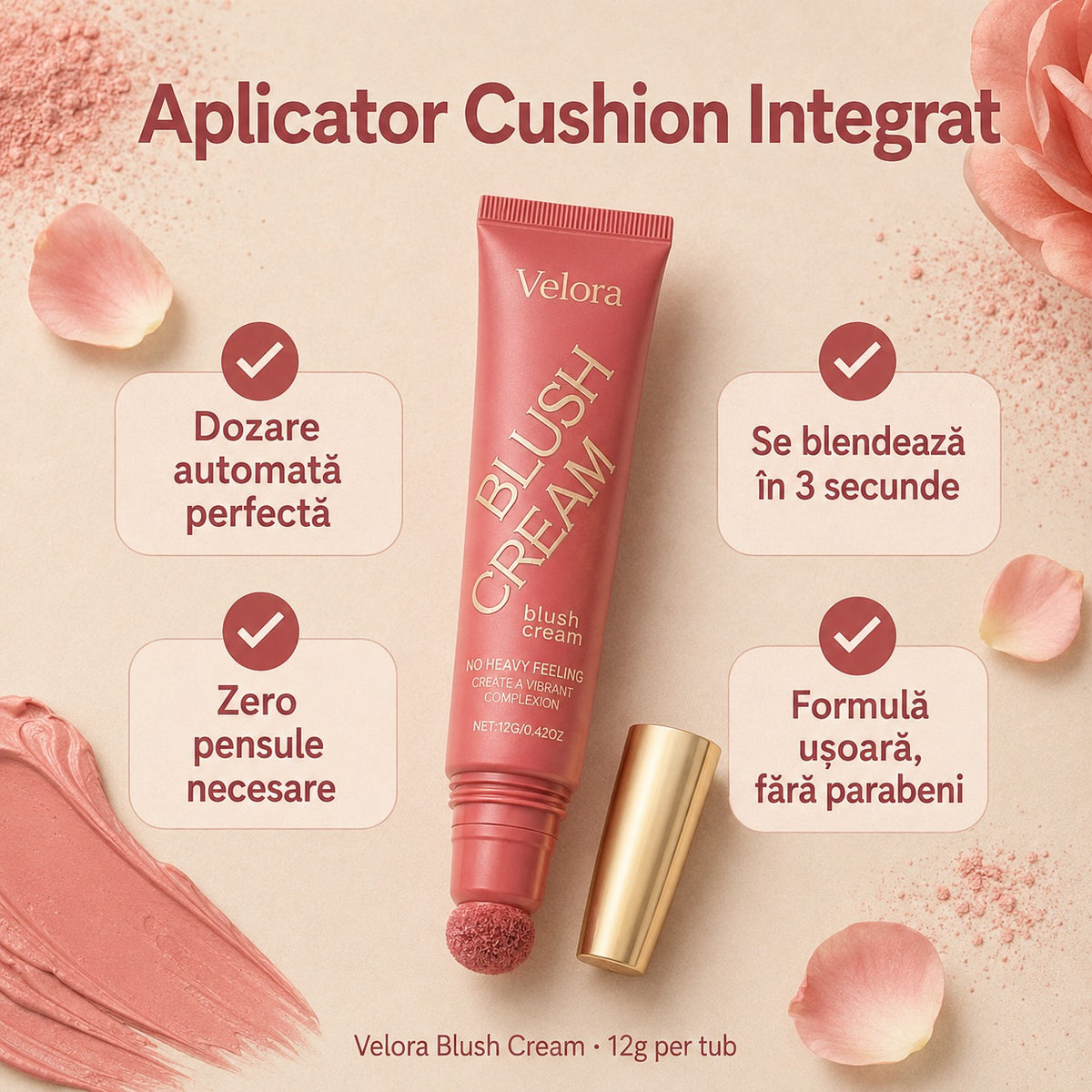 Velora Blush Cream — Cushion applicator close-up
